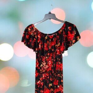 LuLaRoe Cici Mermaid Flounce Dress Large Red Floral Roses Velvet Off Shoulder